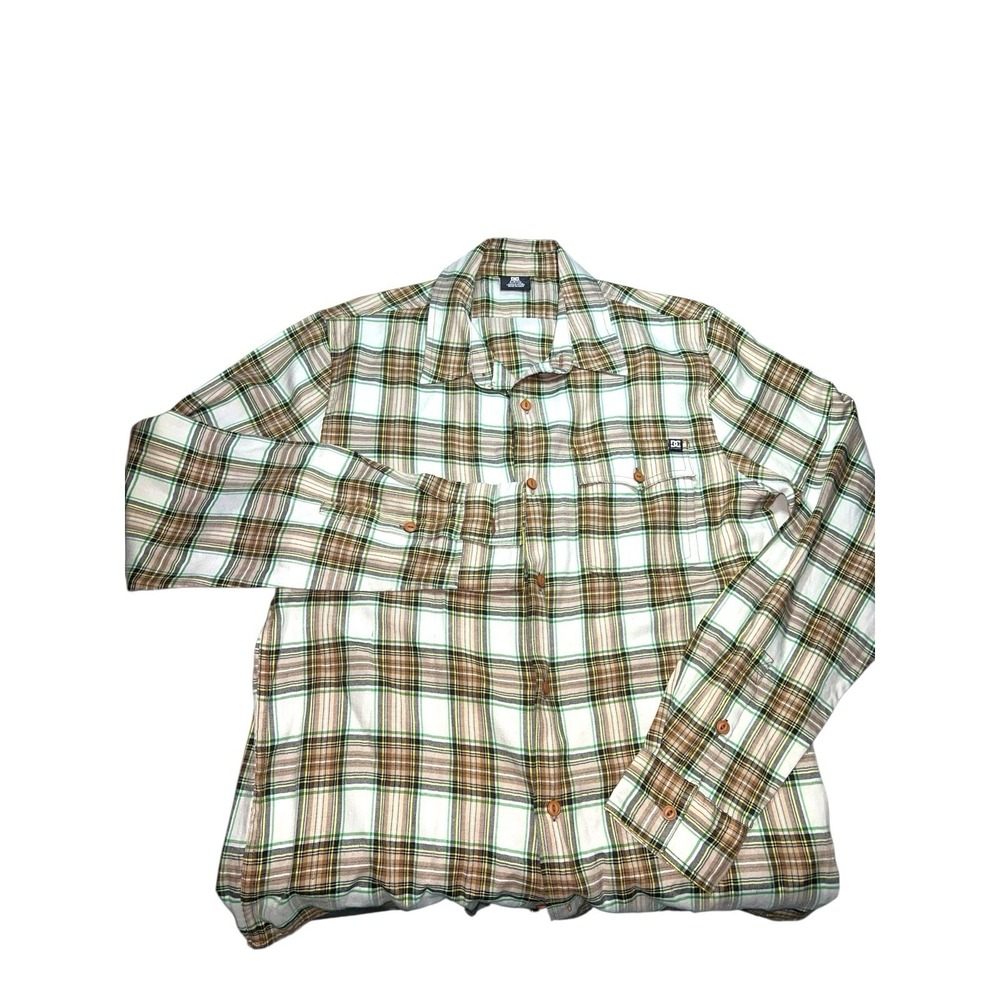DC Skateboarding Button Up Shirt Mens Size S Green Brown Plaid Long‎ Sleeve